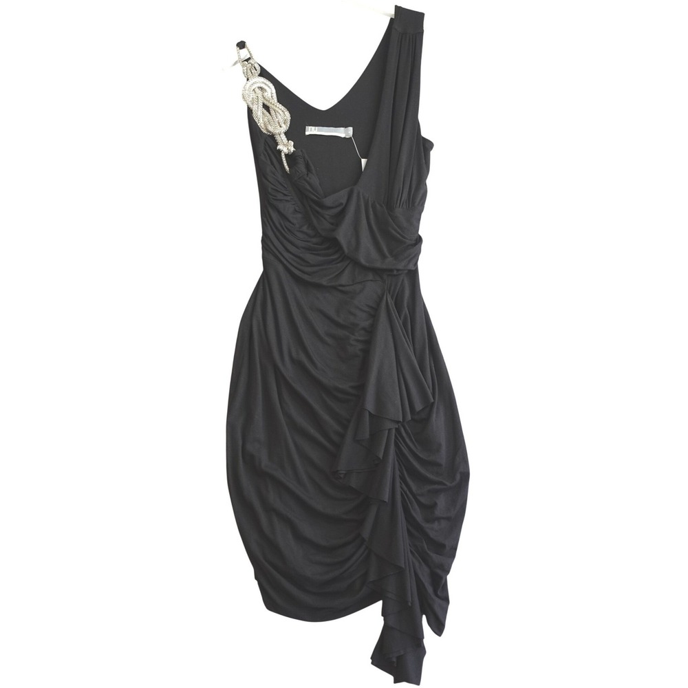 Vintage Y2K Party‎ Dress Med Black Asymmetric Bodycon Ruched Mini Party Minimal
